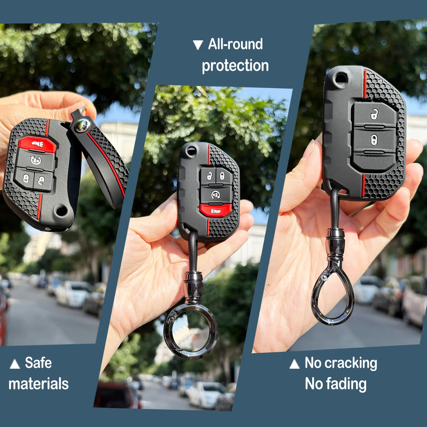 Car Accessories Protector For Jeep JL 2021 Wrangler JLU Gladiator Grand Cherokee Silicone Car Key Caps Holder Folding Key Case