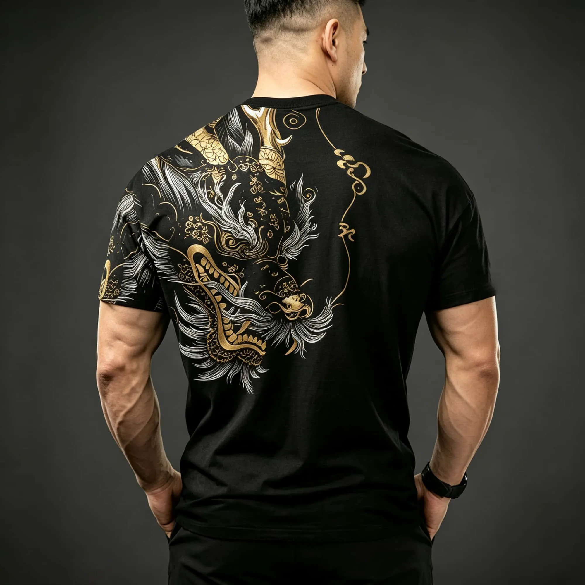 Gold Chinese Dragon Print Crew Neck Short Sleeve Compression T Shirt Quick Dry Stretch Muscle Lifting Gym Workout Athletic Top