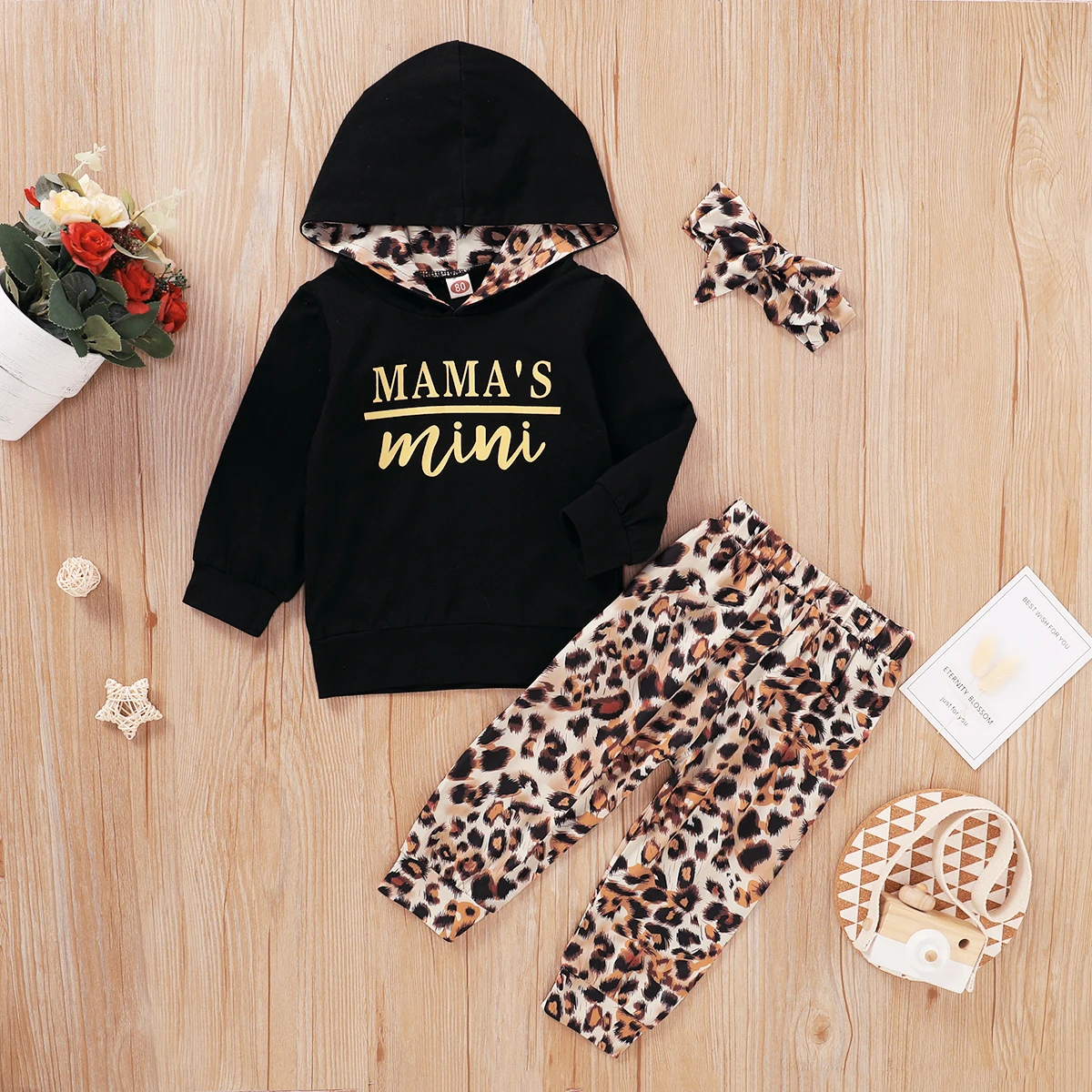 Fashion Baby Girl 3Pcs Outfit Letter Hooded Sweatshirt Leopard+Pants+Bow Headband for3-7Y Autumn Infant Toddler Casual Clothes