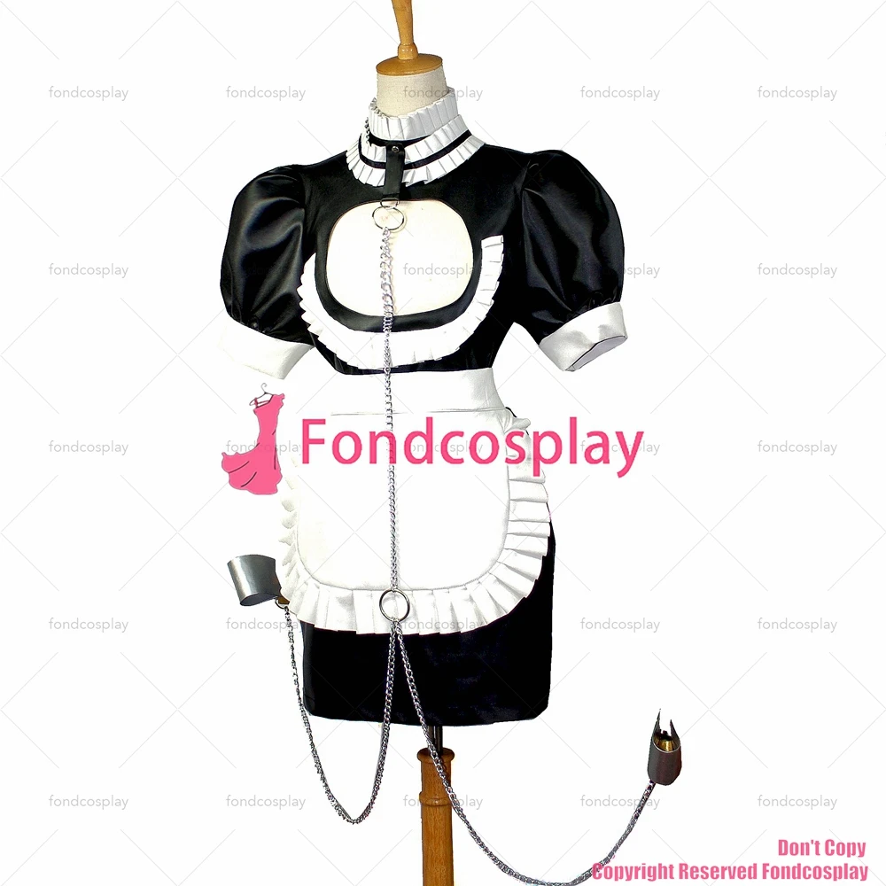 fondcosplay adult sexy cross dressing sissy maid Faux Leather Dress Lockable Handcuffs Uniform white apron Custom-made[G829]