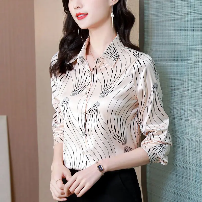 Luxury Elegant Women Satin Floral Shirts Spring Summer New Korean Fashion Female Clothing Long Sleeve Vintage Casual Blouse 2023