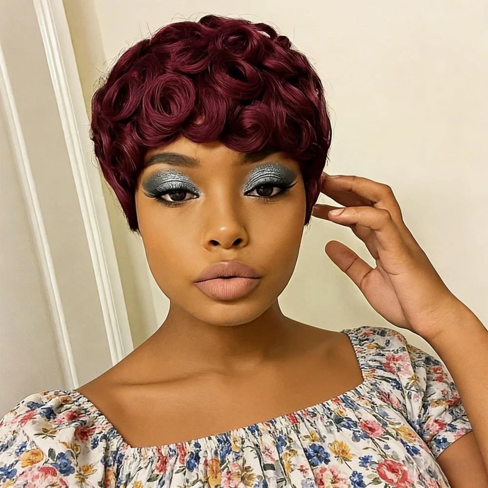 

Бордовый вьющийся парик пикси с челкой | Человеческие волосы 99J Remy, плотность 150%, полностью машинное производство, идеально подходят для повседневного ношения