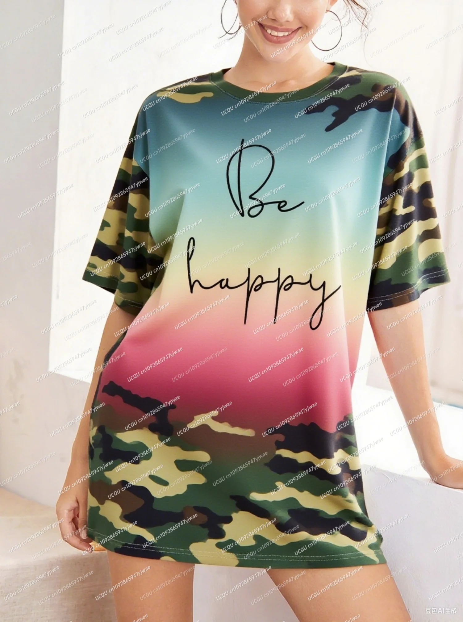 2025年夏新作 レディース Tシャツワンピース 迷彩柄 レタープリント BE HAPPY プリント Oネック 半袖 プルオーバーワンピース レディース服