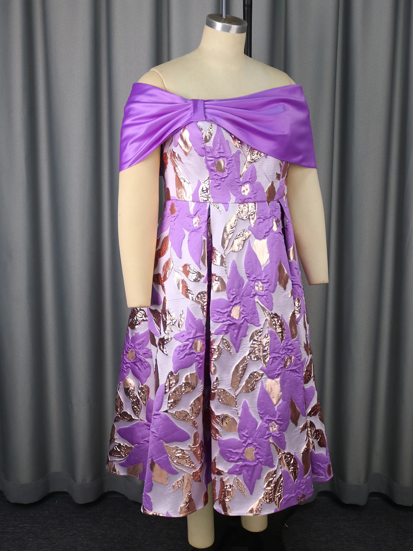 Plus Size Off Shoulder Bow Floral Jacquard Dress with Satin Patchwork  Detail for Weddings Church Services or Formal Celebrations - AliExpress  200000345