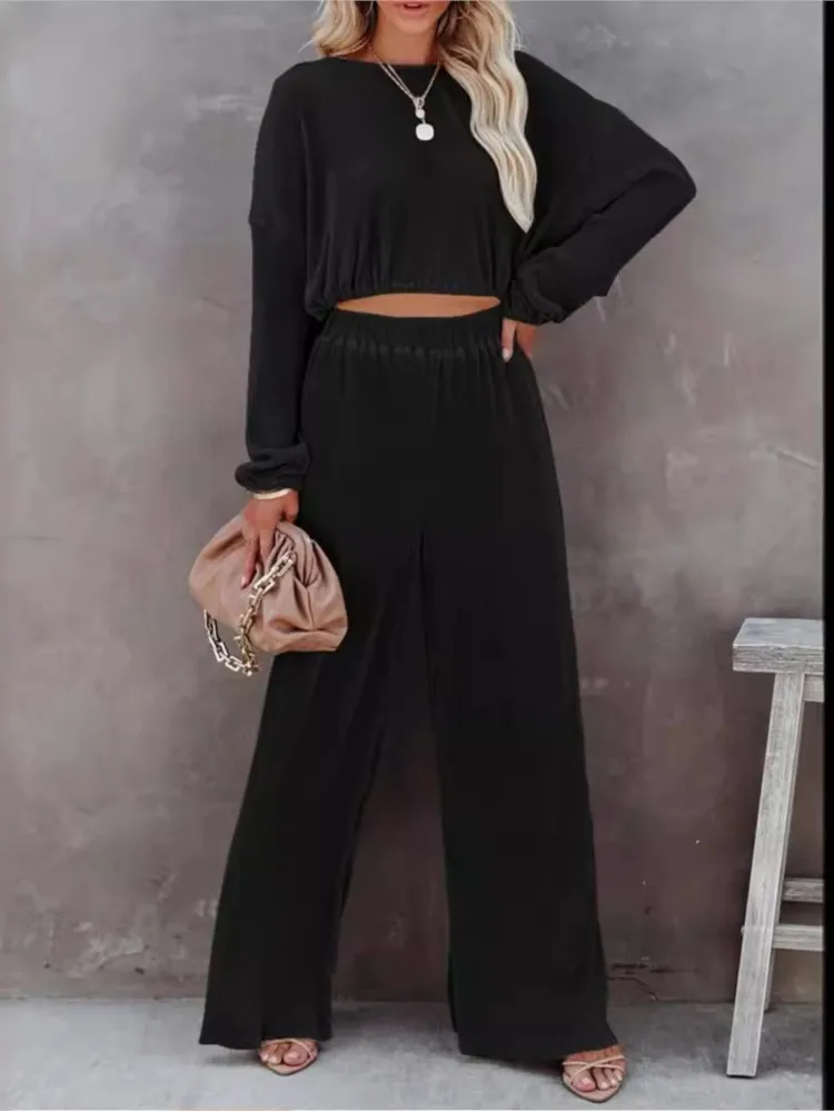 

2024 Spring New Ladies Sets Fashion Solid Color Long Sleeve Cropped Top High Waist Wide Legs Long Pants Two Piece Set Streetwear