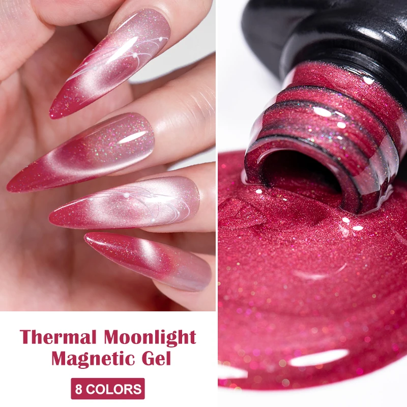 MEET ACROSS Pink Thermal Cat Eye Gel Polish 7ml Gradient shimmer Moonnight Magnetic Gel Soak Off UV Glue Semi-permanent Varnish