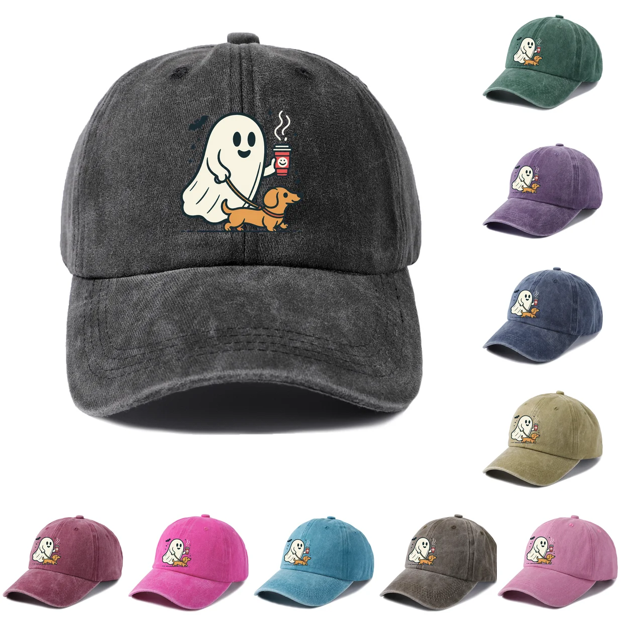 Adjustable Unisex Ghost Dog Coffee Graphic Baseball Cap, Vintage Washed Dad Hat, Funny Halloween Party Gift