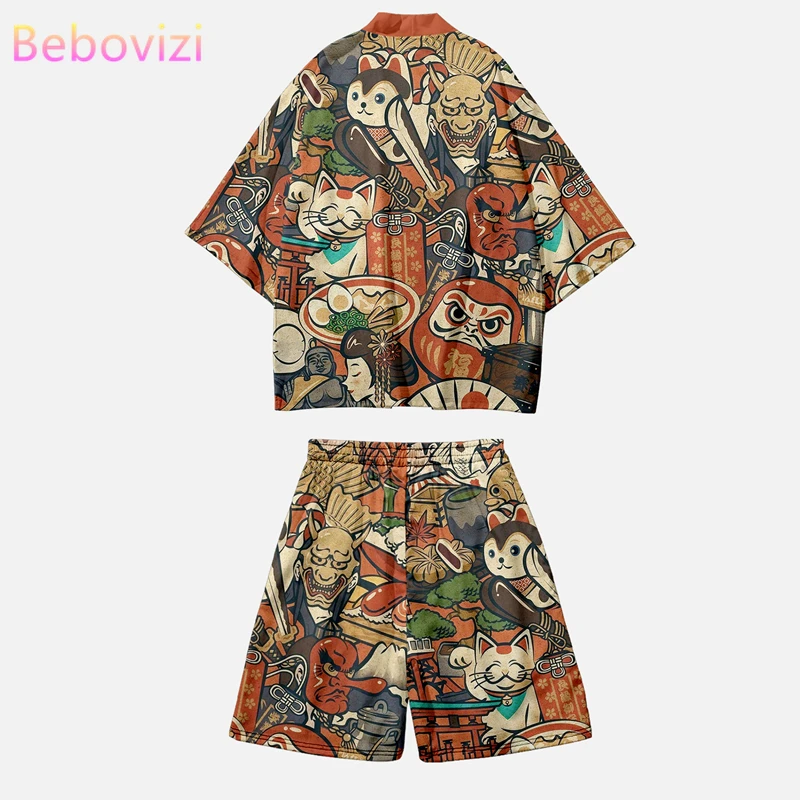 Harajuku Traditional Ukiyo-e Demon Print Two-piece Suit Women Kimono Shorts Japanese Cardigan Men Cosplay Haori Clothing