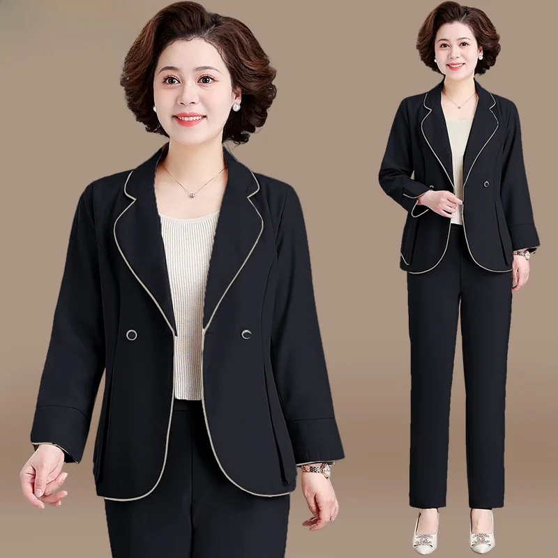 

Stylish Two-Piece Suit Set for Middle-Aged Mothers Spring Autumn Fashionable Outerwear Korean Style Pure Color Loose Fit