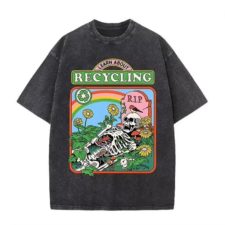 Vintage Washed Black Learn About Recycling Skeleton Floral Rainbow Graphic Casual T Shirt