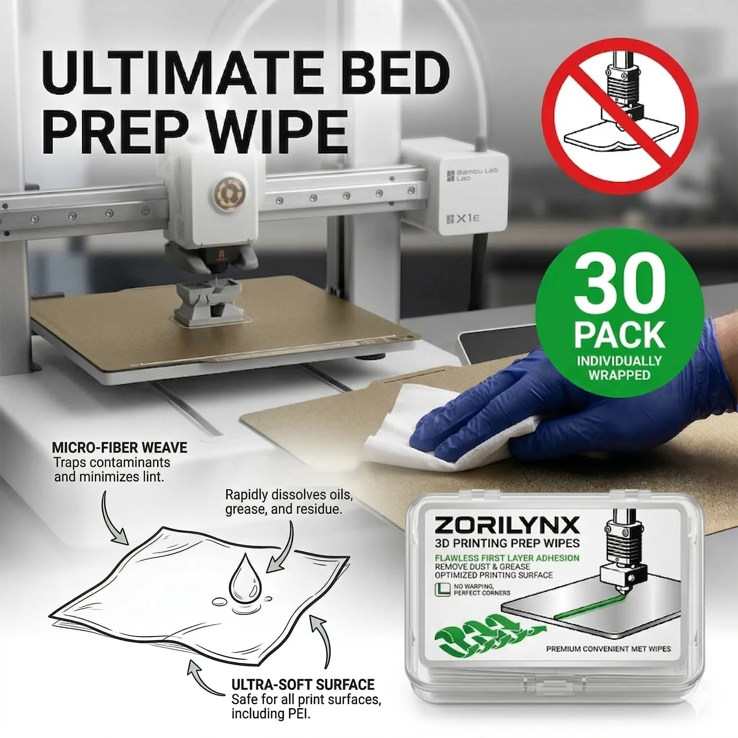 3D Printer Bed Cleaning Wipes ZORILYNX Premium Wet Wipes for PEI Glass Spring Steel Build Plate Surface Optimized Printing