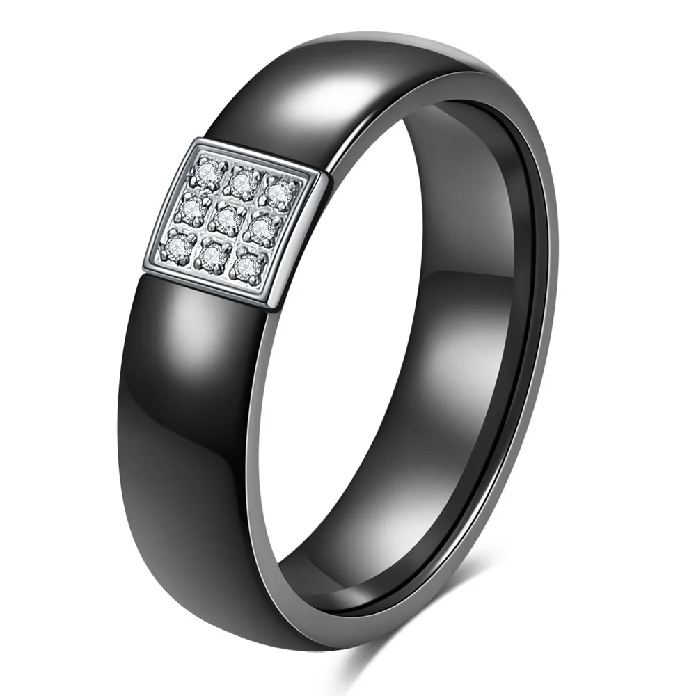 VQYSKO New 6mm Classic Squar Ceramic AAA Cubic Zirconia Ring For Women Fashion Jewelry Black White Ceramic Wedding Band Ring