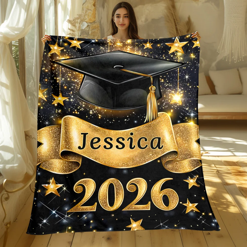 Personalized Graduation Blanket 2026 Jessica Golden Cap Stars Sparkle Soft Fleece Throw College Gift Home Decor