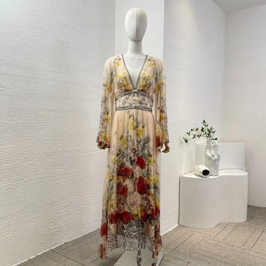 

Silk Deep V-Neck Midi Dress Golden Floral Butterflies Print Long Sleeve Diamonds Pressed Vintage Summer Holiday Top Quality 2024