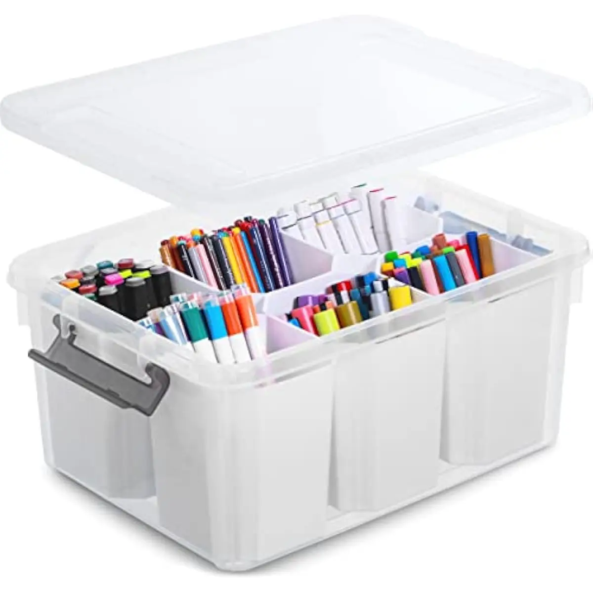 Modular 17QT transparent polypropylene storage bin with shatterproof construction stackable design and six removable tall divide