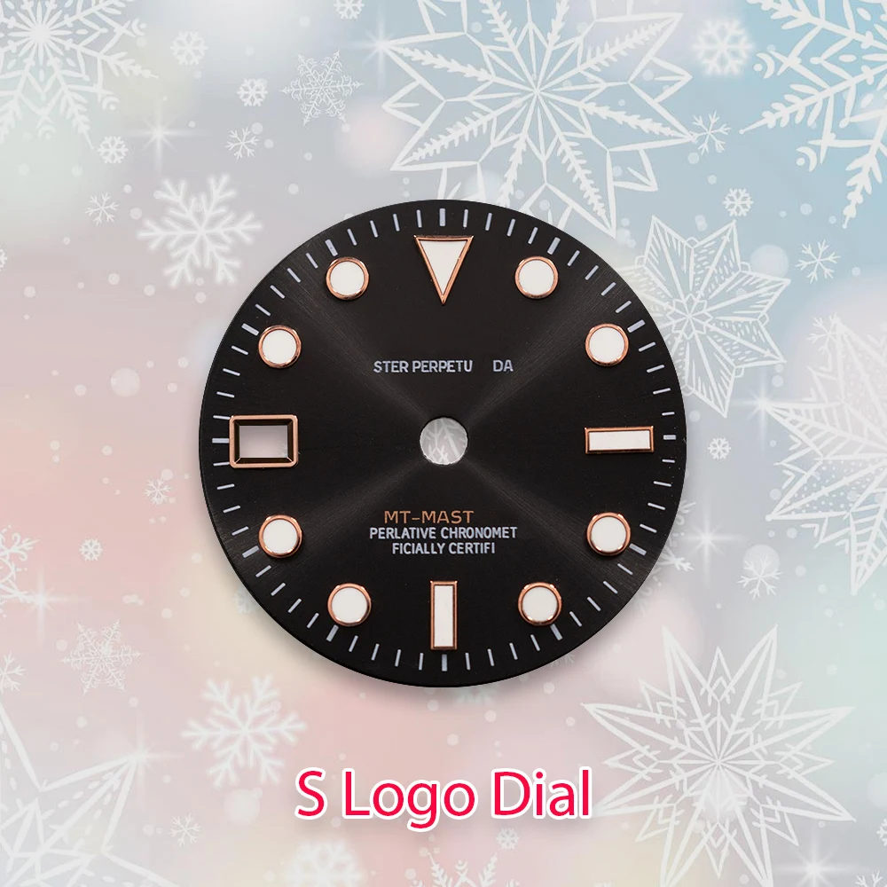 28.5mm Sロゴ NH34 GMT文字盤 9時位置カレンダー窓 NH34ムーブメント対応 アイスブルー夜光時計改造アクセサリー