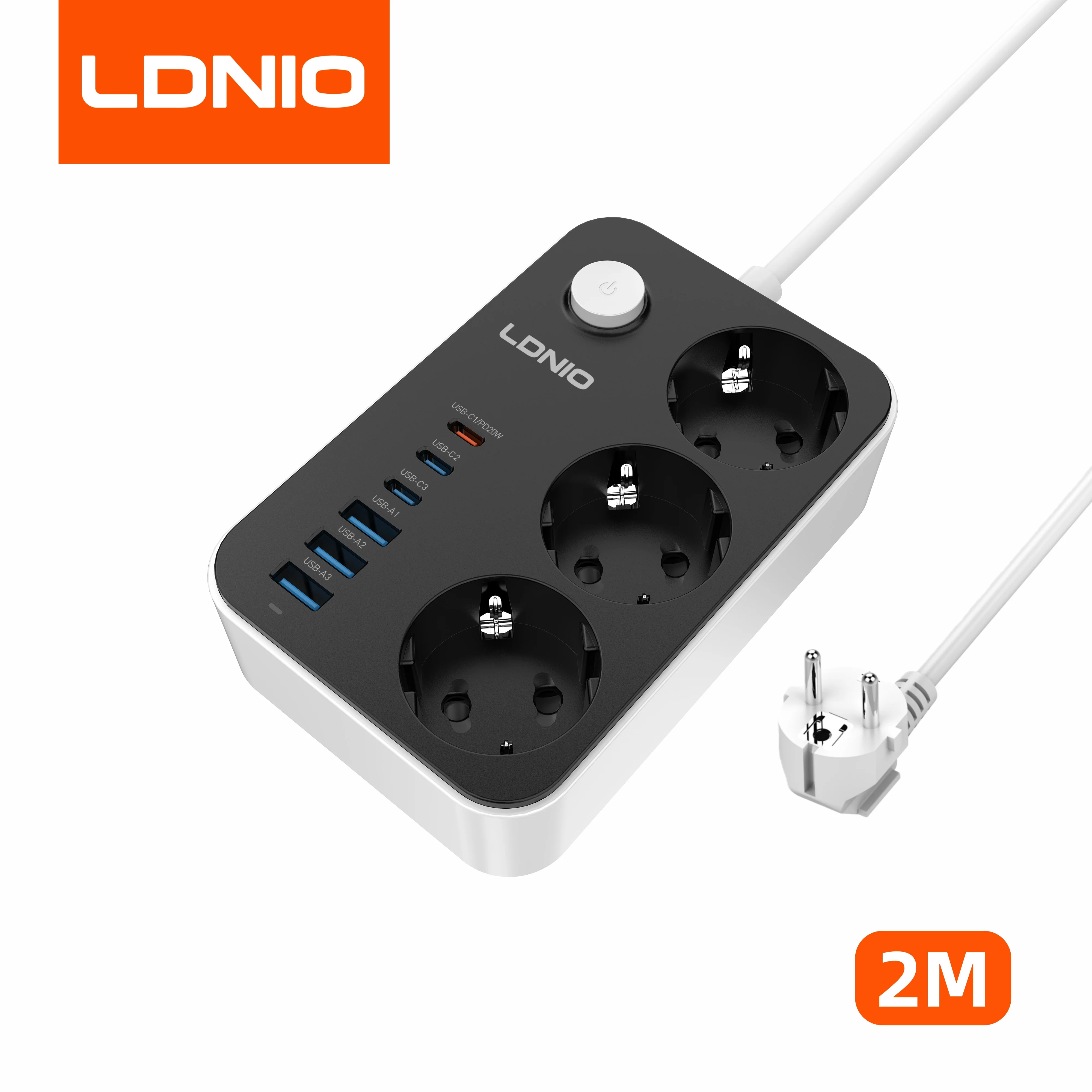 LDNIO Stekkerdoos met 3 Stopcontacten en 6 USB-Poorten, Snel Ladestation voor Bureau 2500W, 2M Snoer, Oplaadstation voor Thuis, Kantoor, Reizen