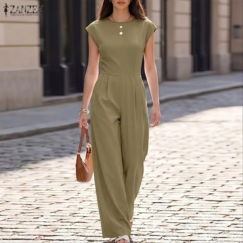 

Fashion Women Jumpsuits ZANZEA 2026 Summer Rompers OL Work Overalls O Neck Short Sleeve Playsuit Elegant Solid Wide Leg Trousers