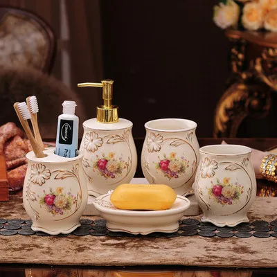 

Ceramic European Pattern Bathroom Set Wash Accessories Tray Toothbrush Holder Soap Dispenser