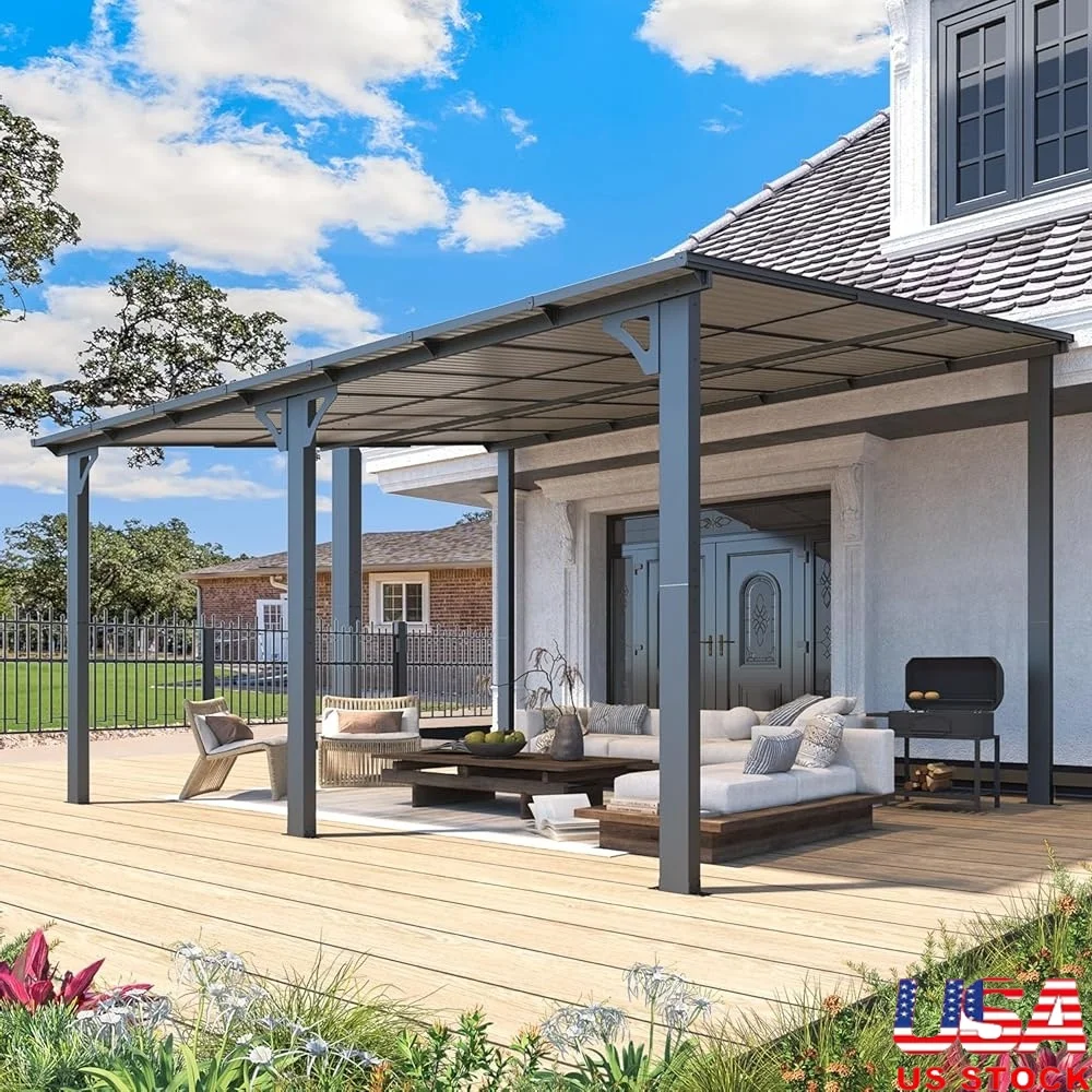 Gazebo grande de metal con tapa dura montado en la pared, pérgola para exteriores, impermeable, refugio delgado para Patio con protección UV y fácil
