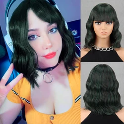 Short Bob Wavy Hairstyle Forest Dark Green Red Ombre Blonde Shoulder Length Wig For Women Halloween Cosplay Synthetic Fiber