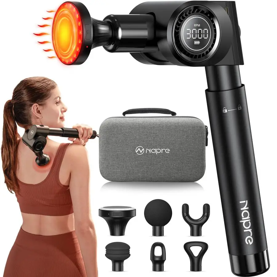 

Massage Gun with Heat,Deep Tissue Handheld Percussion Back Massager for Muscle Neck Body Pain Relief with Long Extension Retract