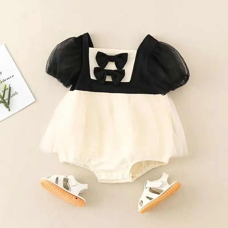 Color Blocking Newborn Jumpsuits Butterfly knot Mesh Baby Girl Clothes Romper Full Moon one hundred days princess style Jumpsuit