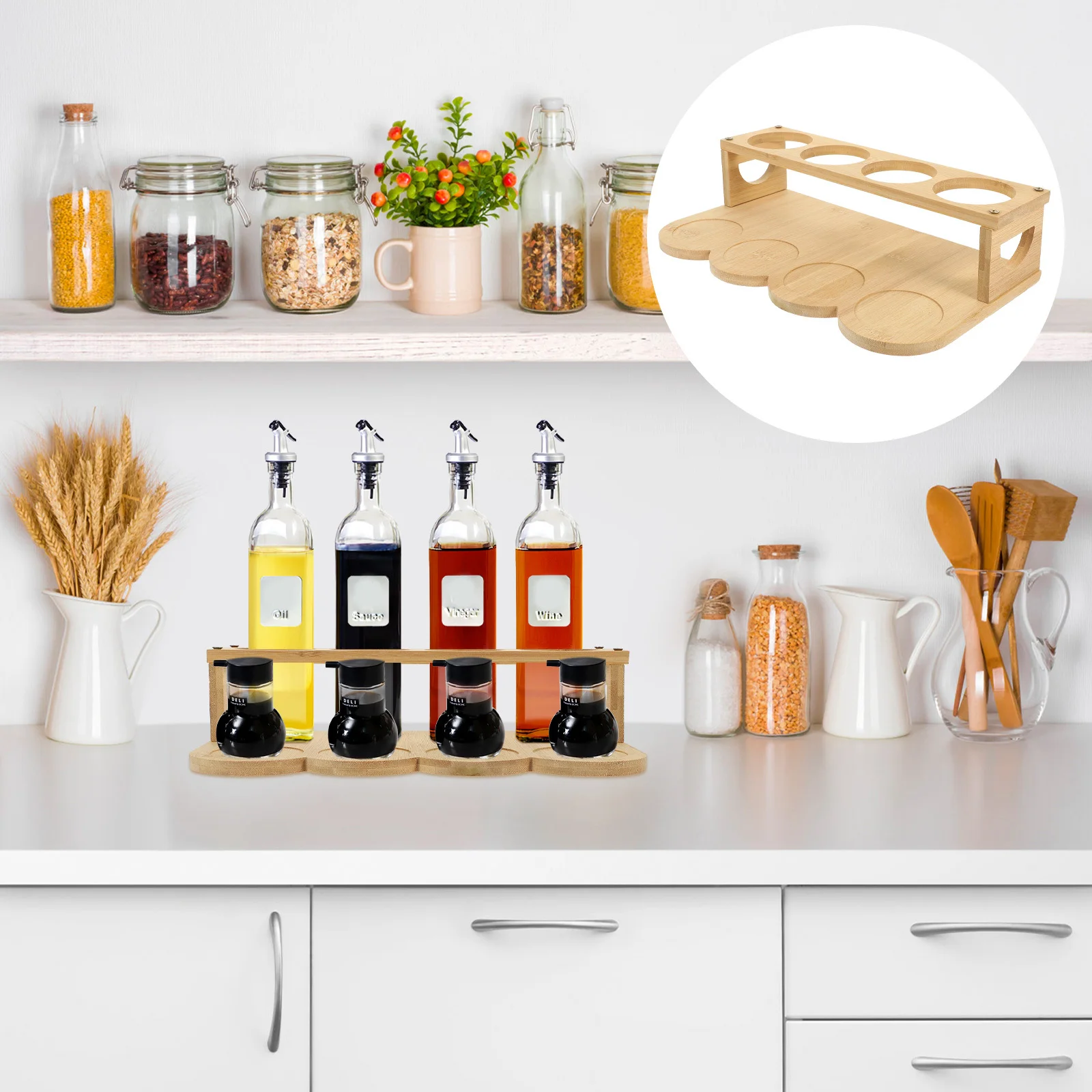 

Bamboo Oilcan Rack Countertop Spice Storage Organizer 2 Tier Kitchen Bottle Holder Heatproof Non Slip Design Rounded Corners