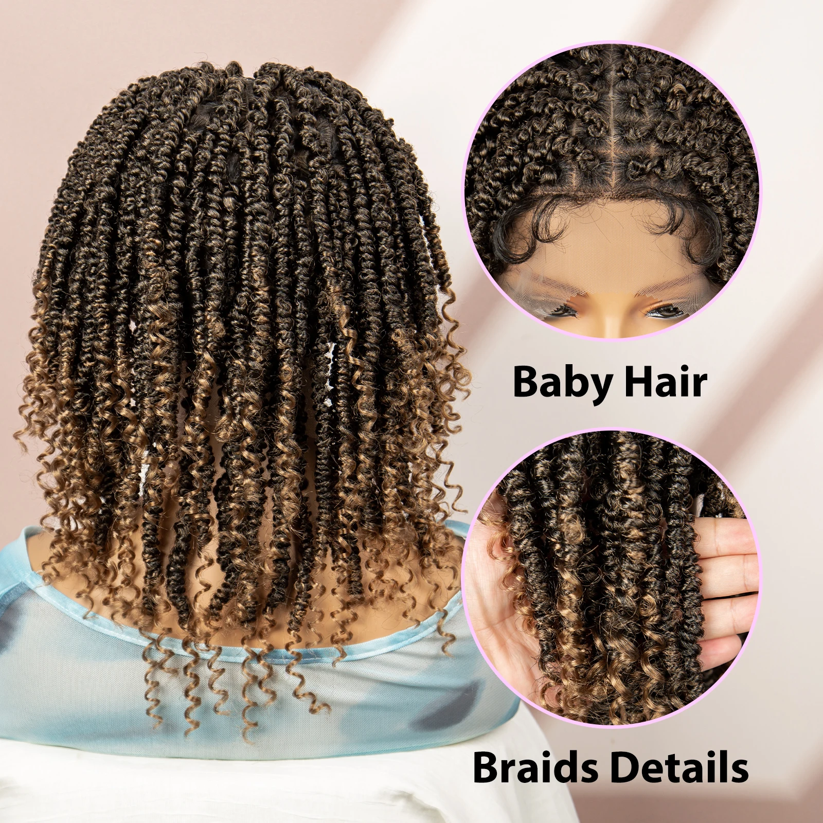 Pelucas trenzadas con caja Bob trenzada de 14 pulgadas para mujeres negras, pelucas de pelo hinchables esponjosas sin nudos, pelucas con trenzas torcidas de encaje completo