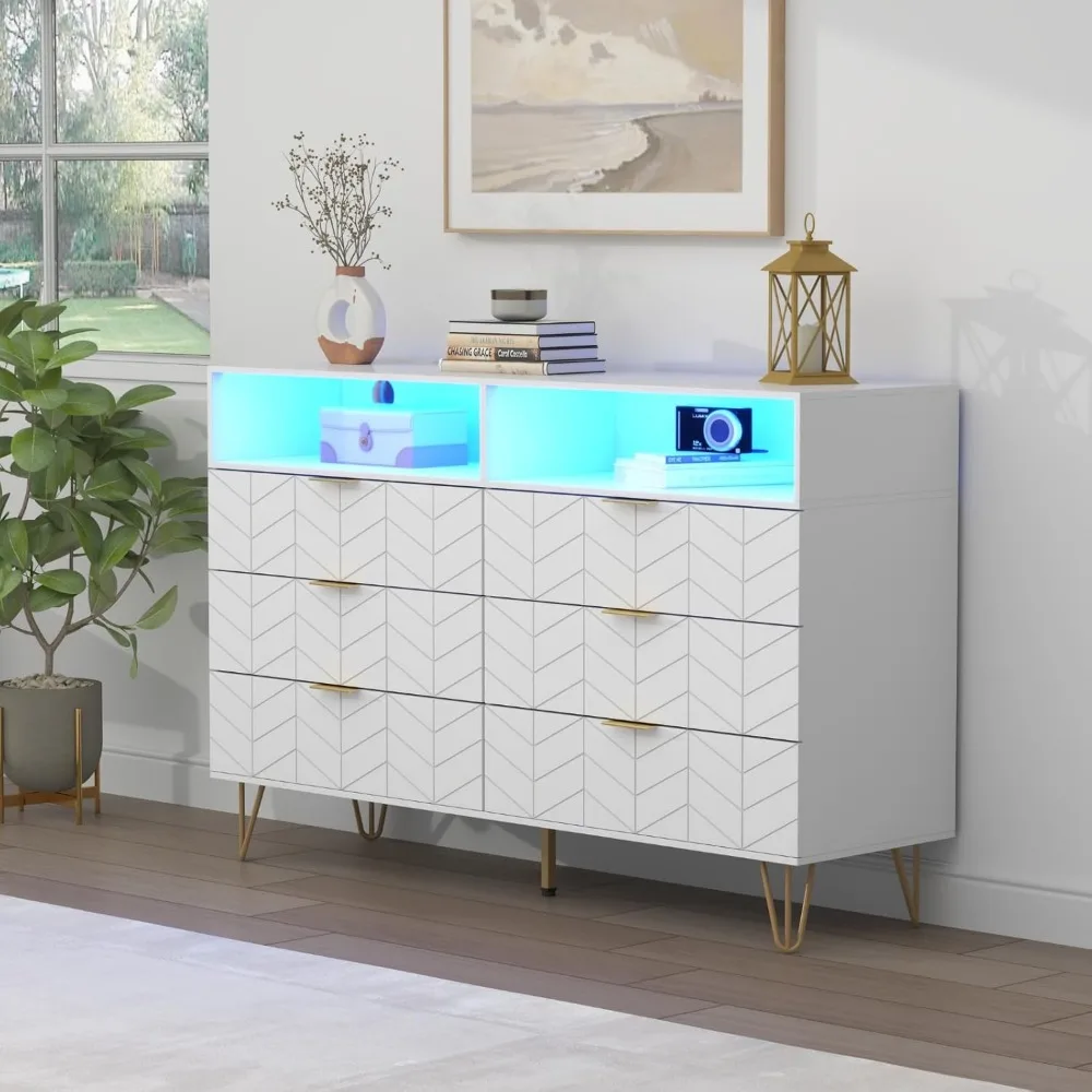 Commode double à 6 tiroirs avec prise de courant et lumière LED, commode longue blanche avec rangement, meuble tv large en bois