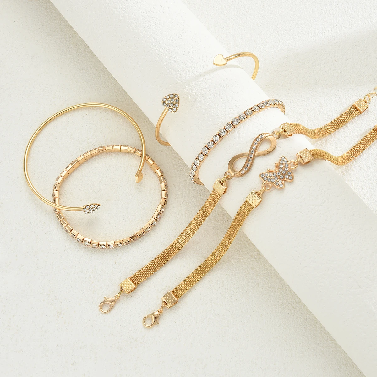 6 قطع خمر الذهب اللون ثمانية كلمة فراشة سوار على شكل قلب مجموعة للنساء الشرير تألق حجر الراين إنفينيتي الكفة الإسورة مجوهرات