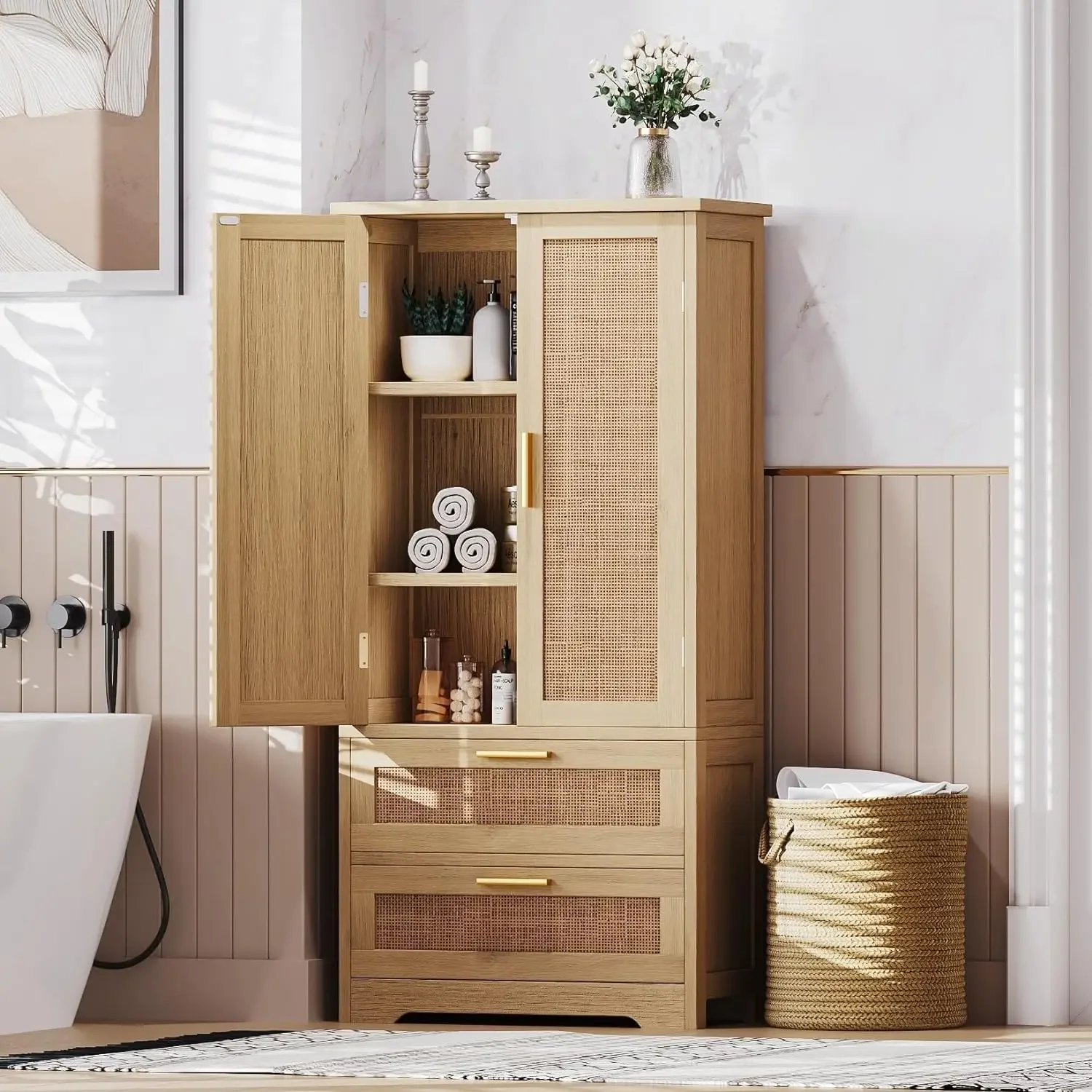 Bathroom Storage Cabinet, Lined Floor Cabinet with 2 Drawers and Doors, Adjustble Shelf, Pantry Cabinet for Living Room, Kitchen