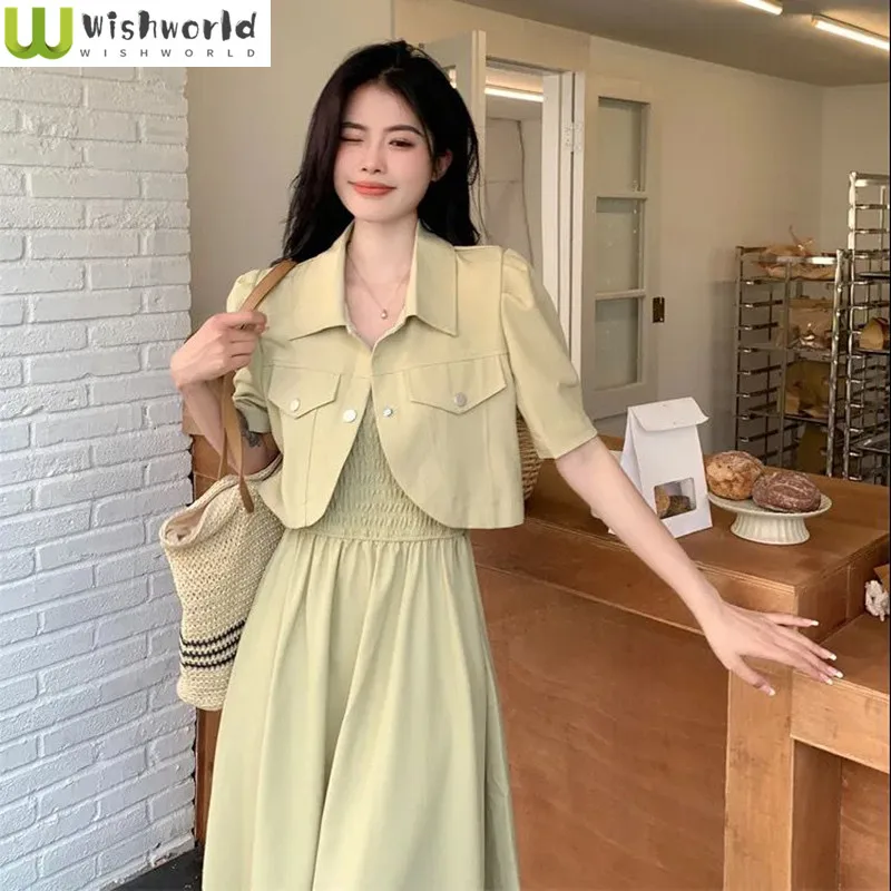 

Bubble Sleeve Jacket Camisole Dress Two-piece Set for Women's Summer New Style Temperament Slim Fit Fashion Set Skirt