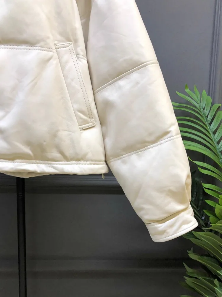 جديد أزياء المرأة المتضخم أسفل سترة مقنعين فضفاضة تناسب جلد الغنم سترة جلدية حقيقية عارضة الشارع الشهير معطف الشتاء الدافئ #6