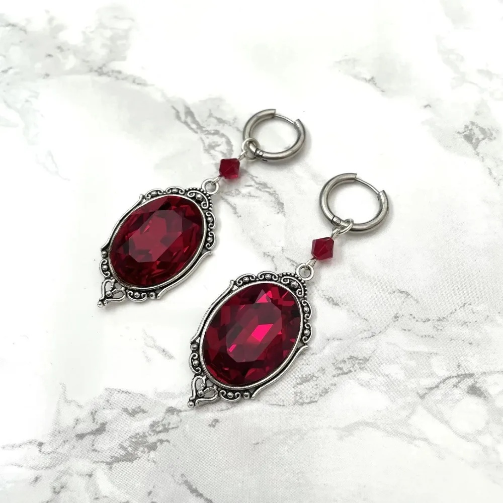Victorian Gothic Geometry Multi-faceted Oval Black Red Crystal Hoop Earrings for Women Halloween Charm Jewelry Accessories Gift view 4