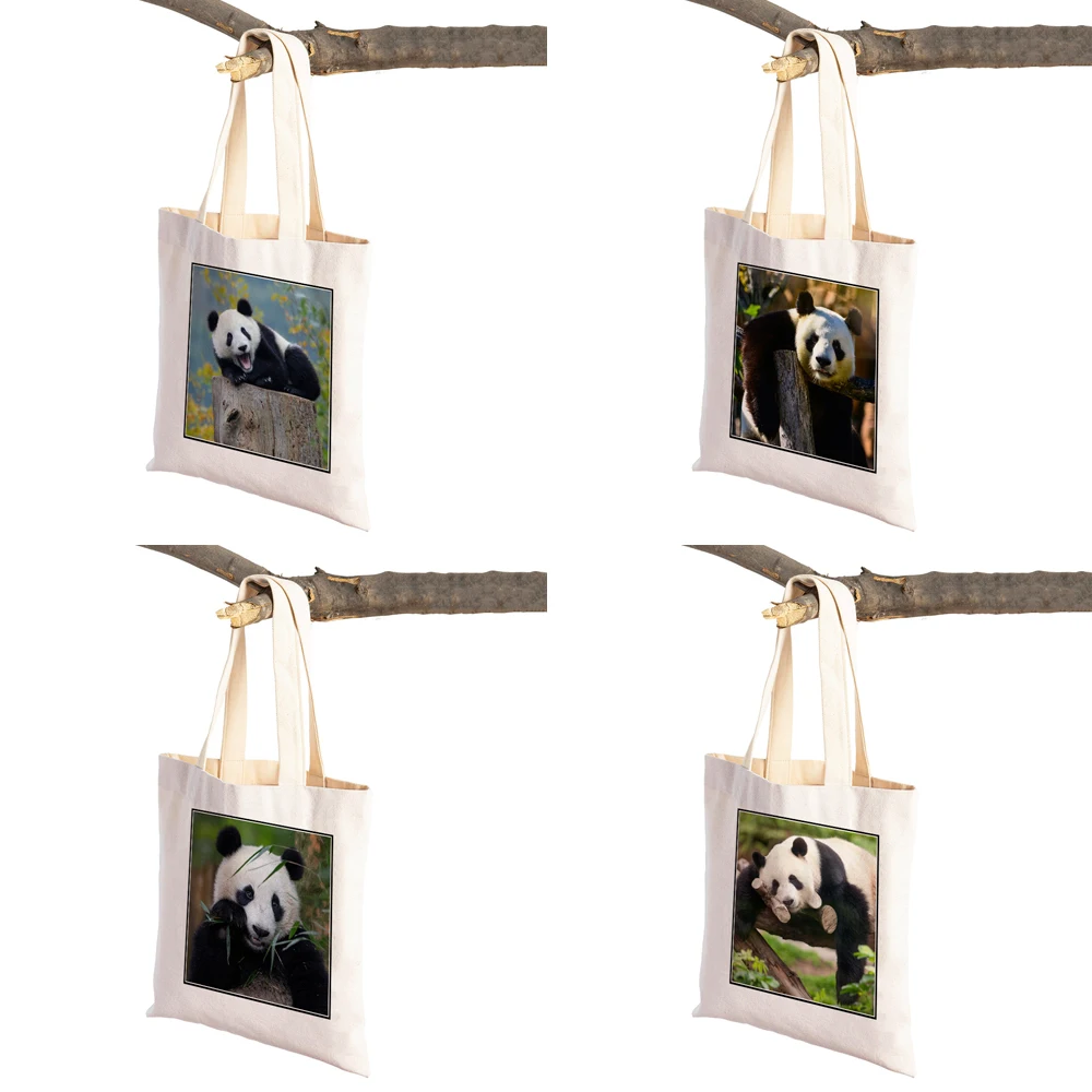 ​China Panda Lady Travel Shopping Bags Wild Animal Canvas Tote Handbag for Women Girl Foldable Reusable Supermarket Shopper Bag