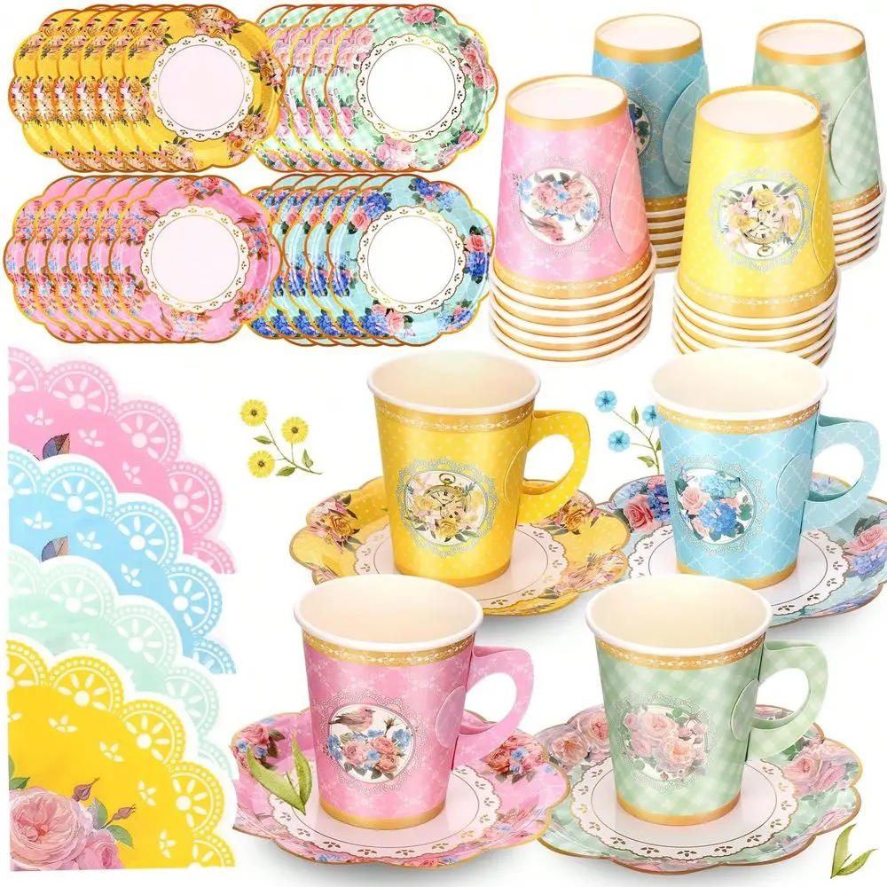 

Floral Paper Tea Cups And Saucers 7 OZ Disposable Paper Tea Cups With Handle And Plates For Tea Party Decoration Birthday Brida