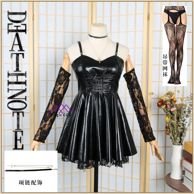 

Hot Anime Death Note Misa Amane Cosplay Costume Sexy Black Dress Set with Cross Necklace High Quality Anime Outfit (Female)