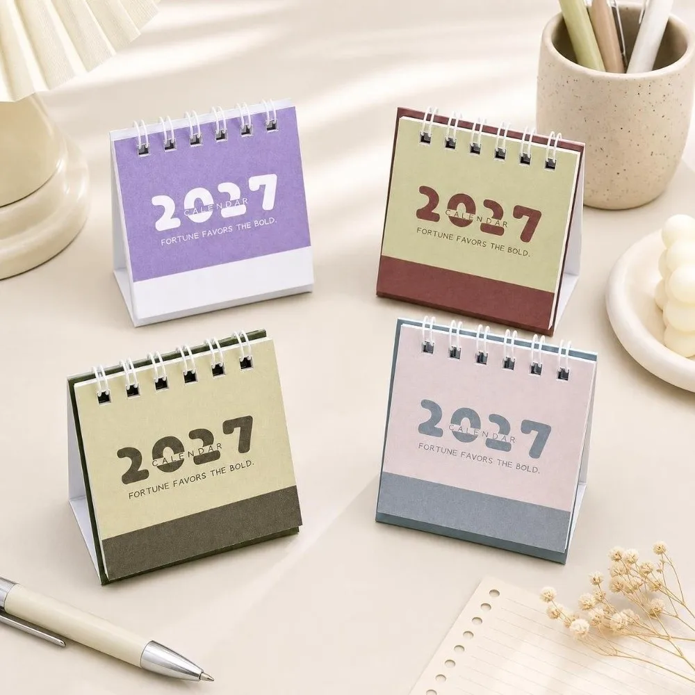 Creative 2027 Mini Calendar Thick Paper Portable Standing Flip Calendar Simple Spiral Binding Checklist Planner