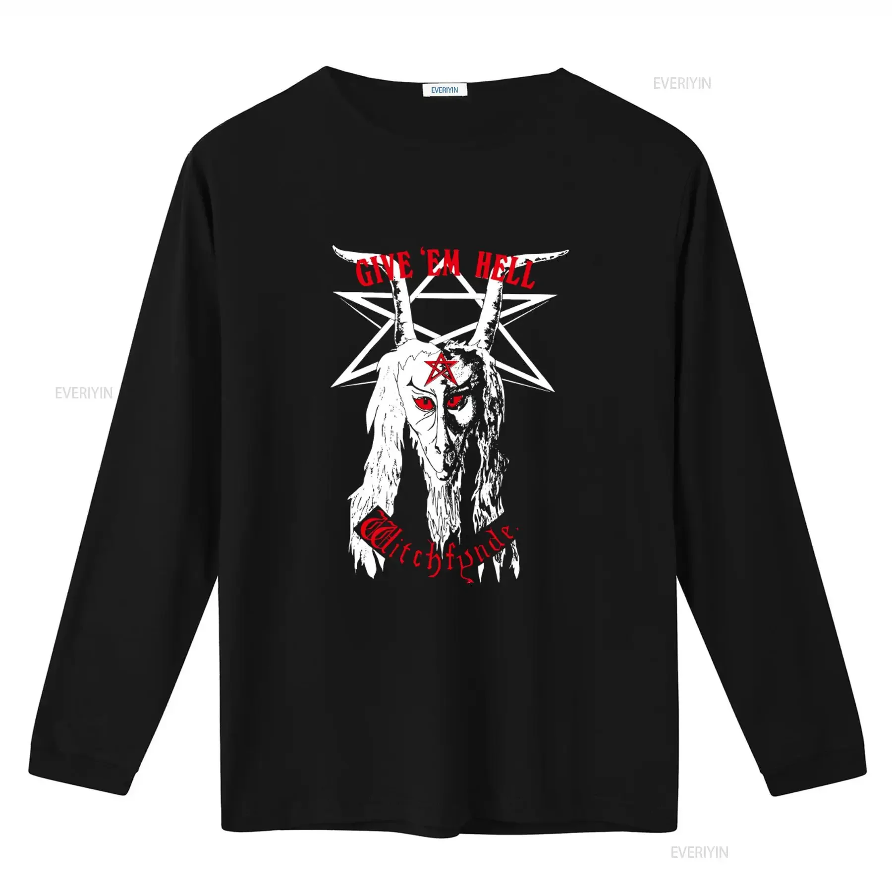 Witchfynde Give Em Hell Gothic T Shirt with Pentagram and Goat Head Design vintage Washed Unisex Casual Slightly Versatile