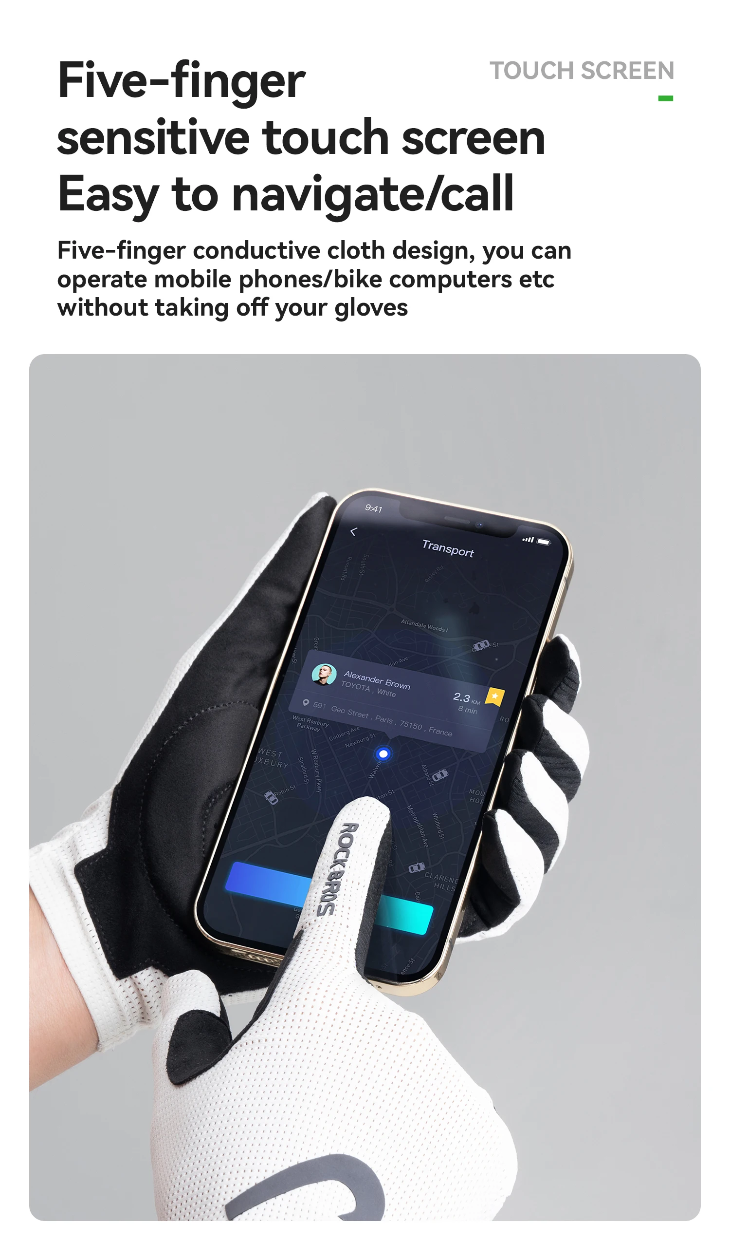 ROCKBROS Fahrradhandschuhe mit Vollfingerbedeckung, Touchscreen-fähig, Atmungsaktiv, Rutschfest, Stoßdämpfende Handflächenpolsterung – Detail 8