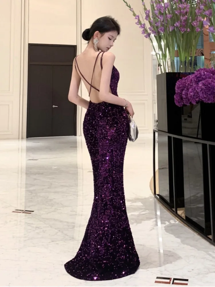 สปาเก็ตตี้เซ็กซี่ชุดสตรีสีม่วง V คอหรูหรางานแต่งงานชุดราตรีชุดนางเงือก Slim เอว Vestidos ยาว Robe