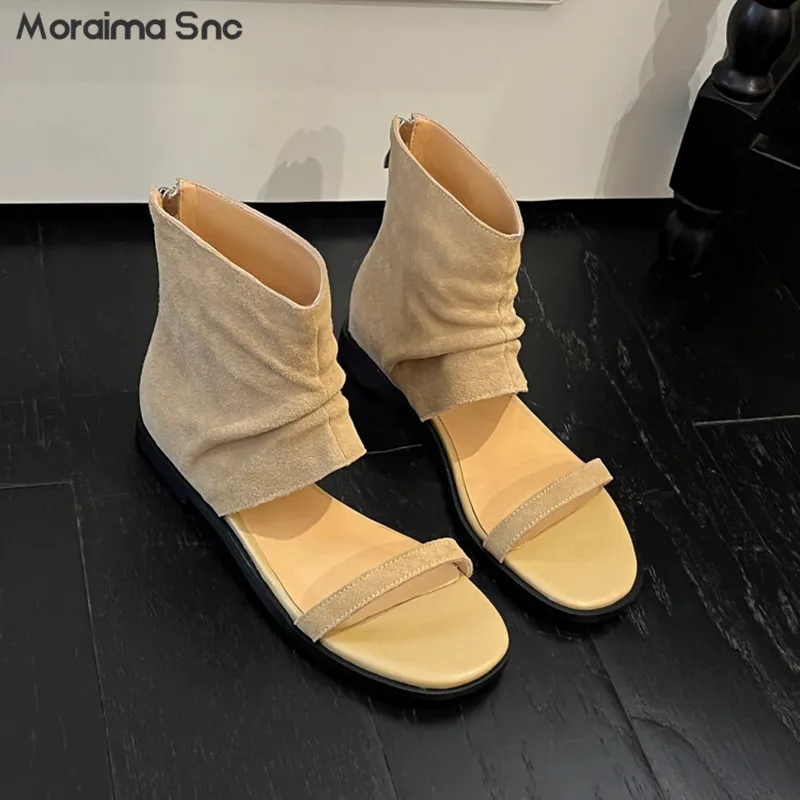 

One-Strap Open-Toe Sandals with Round Toe Summer Cowhide Leather Rear Zipper Casual Boots Fashionable Daily Women's Shoes