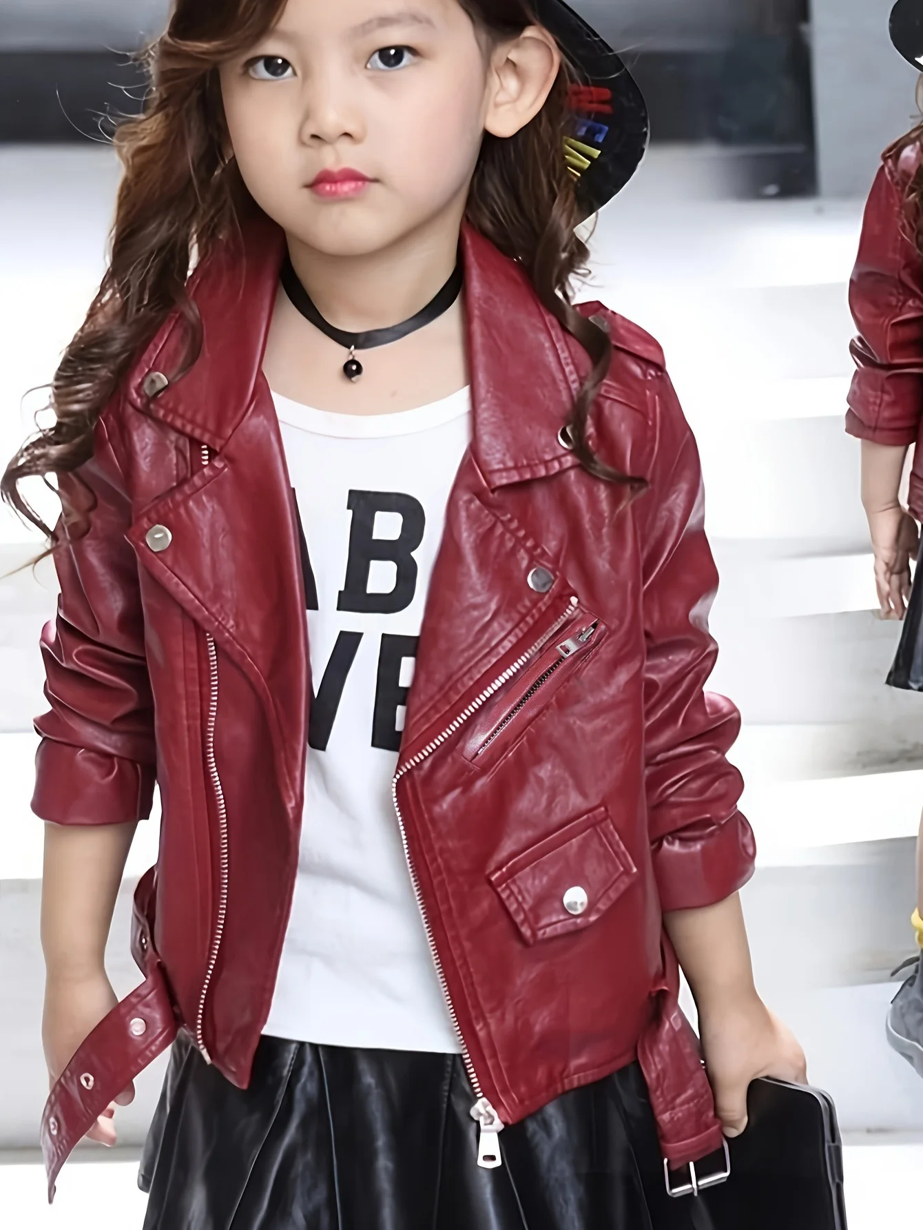 Girls Leather Jacket Kid Outwear Solid Color Zipper Faux Leather Spring Autumn Pu Jacket