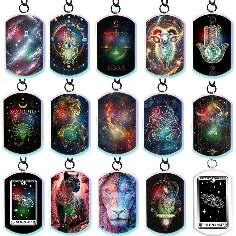 1/15PCS UV Printing LED Keychains Constellation Series Leo Sagittarius Capricorn Shiny LED Car Key Accessories Pins Keyring Gift