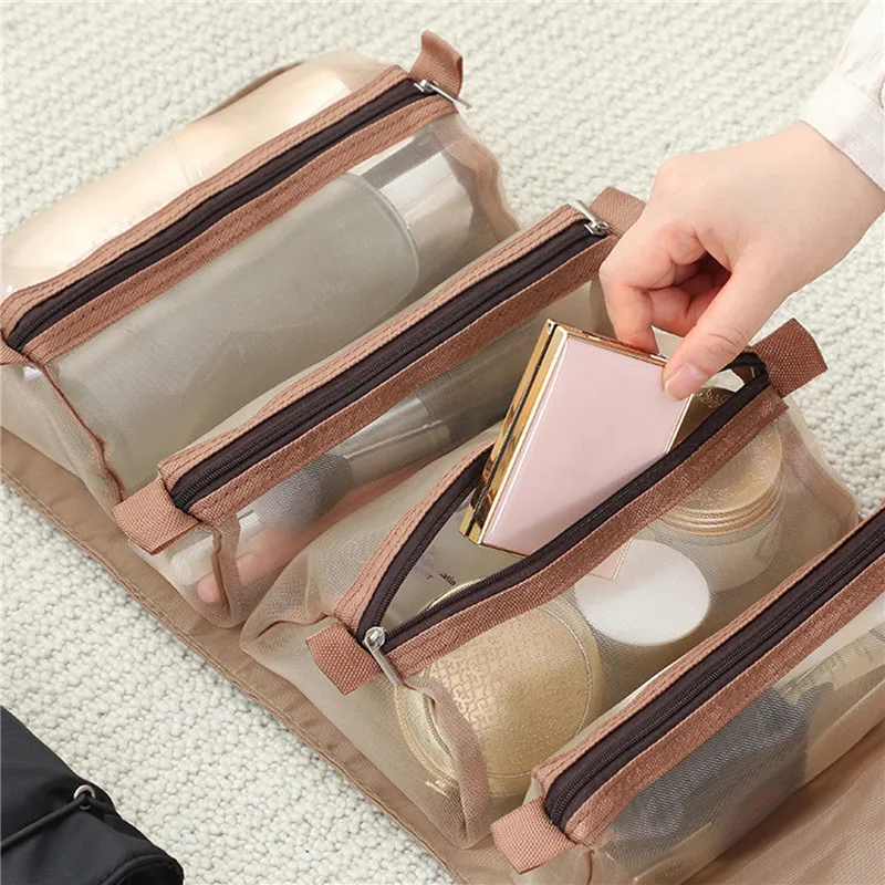 4PCS In 1 Travel Separable Cosmetic Bag Women Mesh Make Up Bags Beautician Toiletry Makeup Brushes Lipstick Storage Organizer