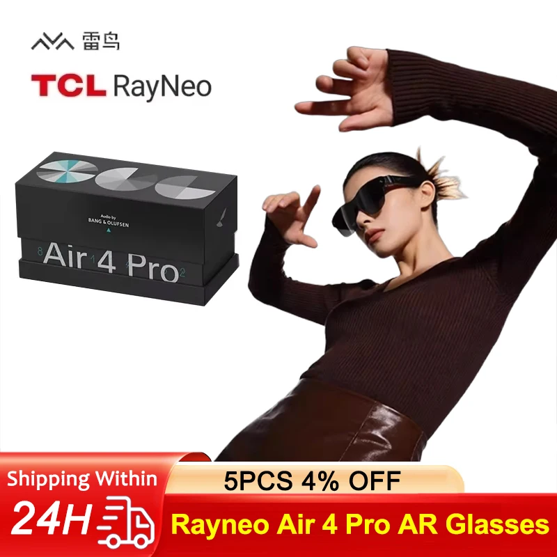 TCL Rayneo Air 4 Pro AR Glasses 4K Video, HDR10, 135 inch Virtual Screen, Head-Mounted XR Support, Bluetooth/DP-Compatible