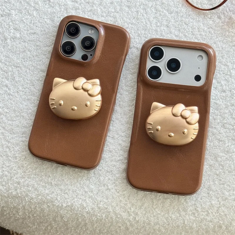 حافظة هاتف جلدية بنية عصرية لهاتف آيفون 17 برو 16 15 14 برو ماكس مع حامل هلوكيتي ذهبي حافظات حماية لطيفة فوندا #1