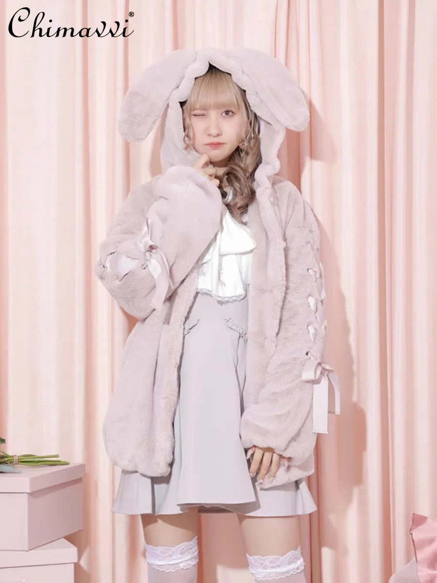 Japanese Rojita Style Autumn Winter Sweet Cute Girls Thickening Cotton Jackets Mine Series Mass-Produced Rabbit Ears Plush Coats