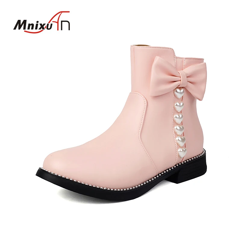 Lolita Sweet New Autumn Girls Booties Casual Low-heels Short Boots Women Side Zipper Bow Botas Mujer Shoes Size 33-43 Pink White